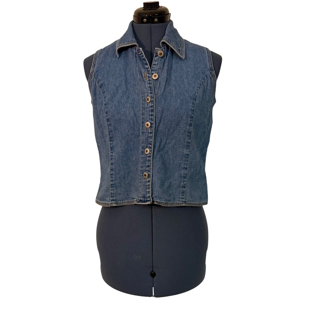 Vtg Montana Blues Womens Blue Collared Denim Crop Vest Western Boho Chic Y2K M